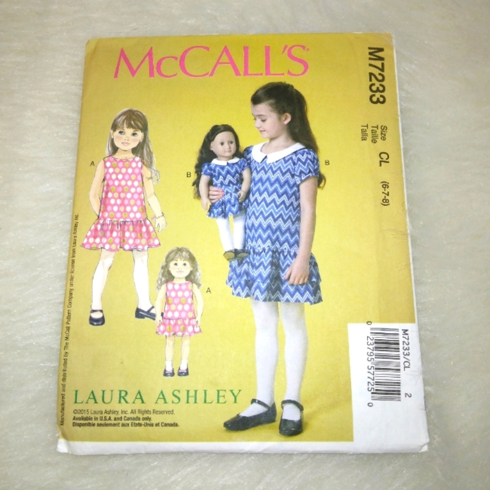 MCCALL'S  M7233 Sz 6-8 Laura Ashley dress for girls and American Girl Do…